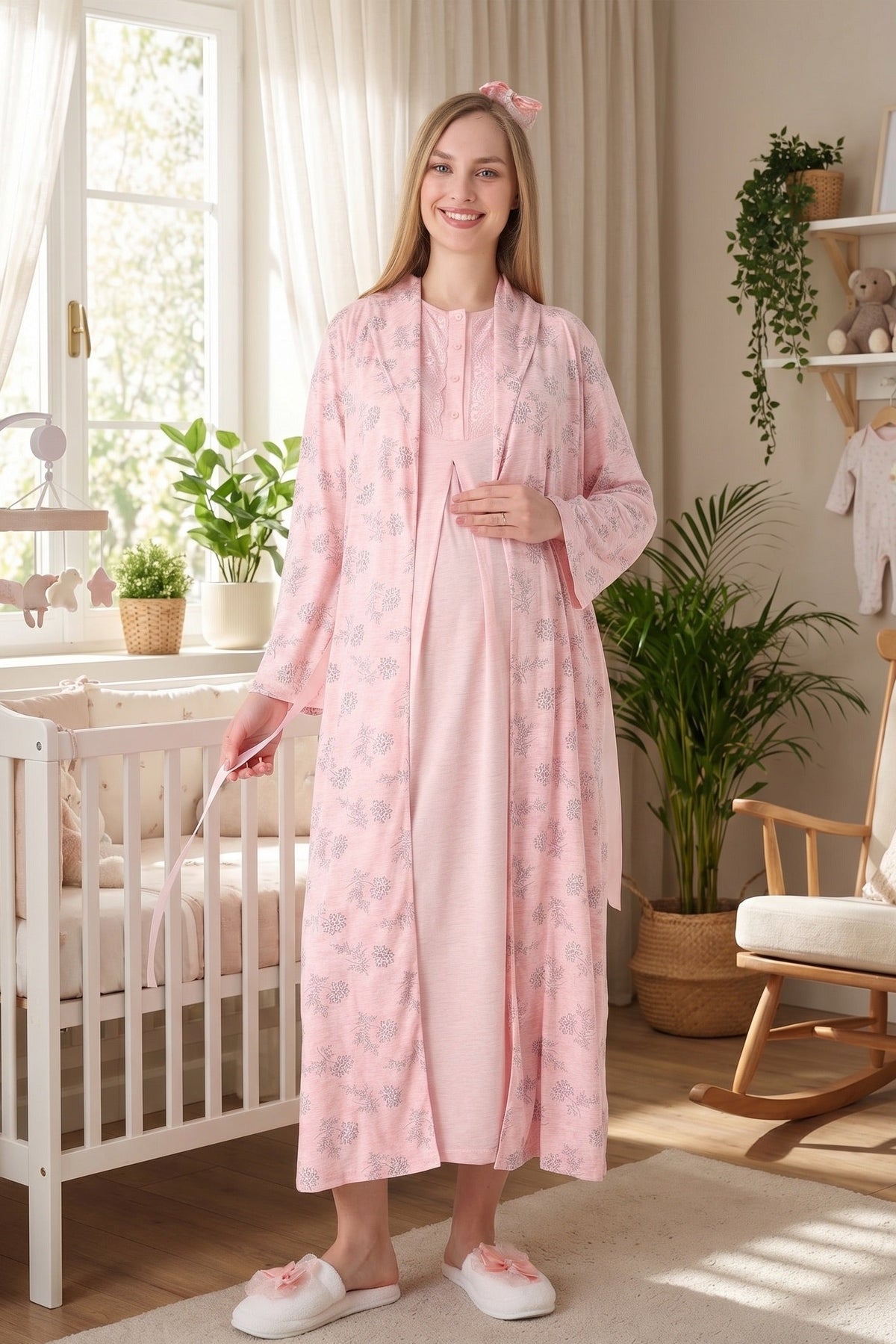 Lace Collar Maternity Feeding-Friendly Nightgown & Flower Patterned Robe Set Salmon - Z2328