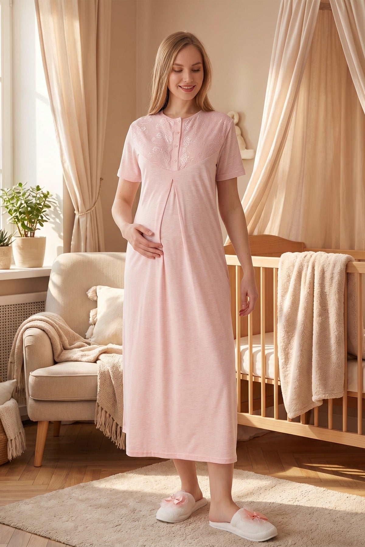 Lace Collar Maternity Feeding-Friendly Nightgown & Flower Patterned Robe Set Salmon - Z2328