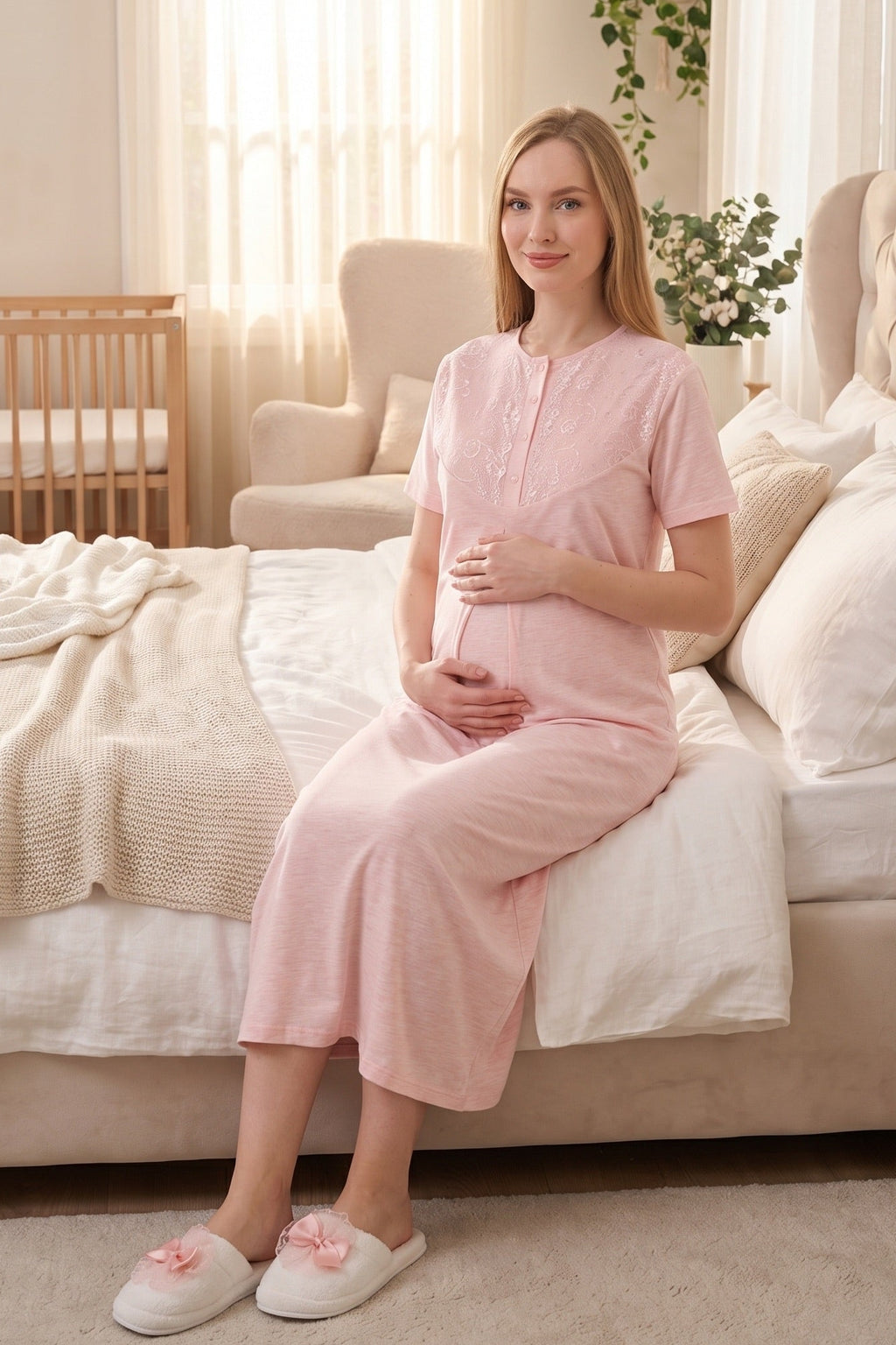 Lace Collar Maternity Feeding-Friendly Nightgown & Flower Patterned Robe Set Salmon - Z2328