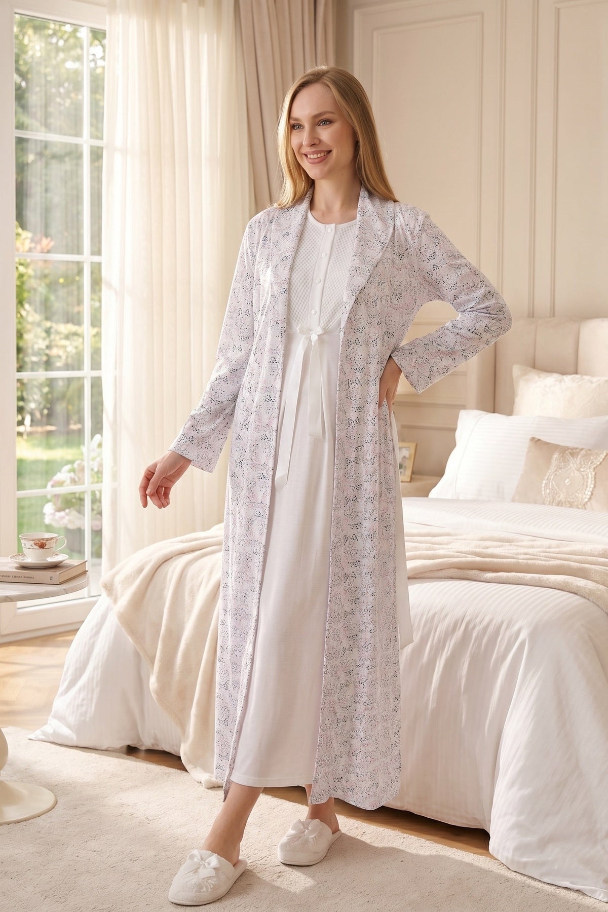 Guipure Collar Maternity Feeding-Friendly Nightgown & Patterned Robe Set Ecru - Z2329