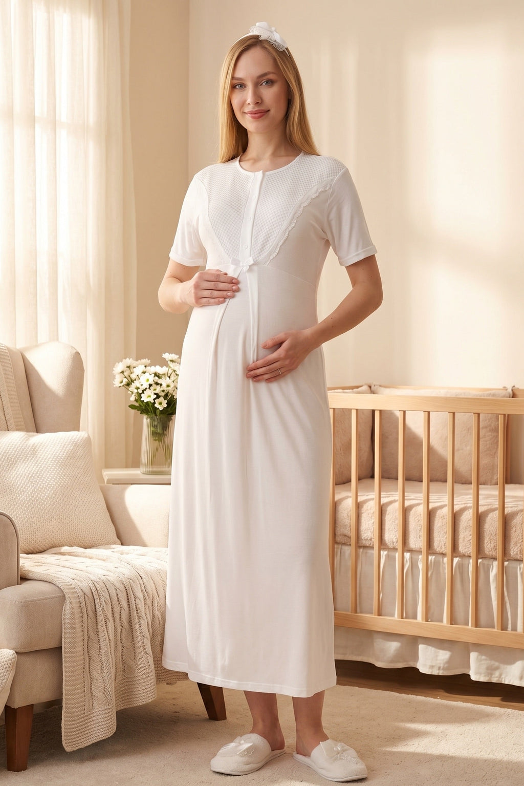 Guipure Collar Maternity Feeding-Friendly Nightgown & Patterned Robe Set Ecru - Z2329