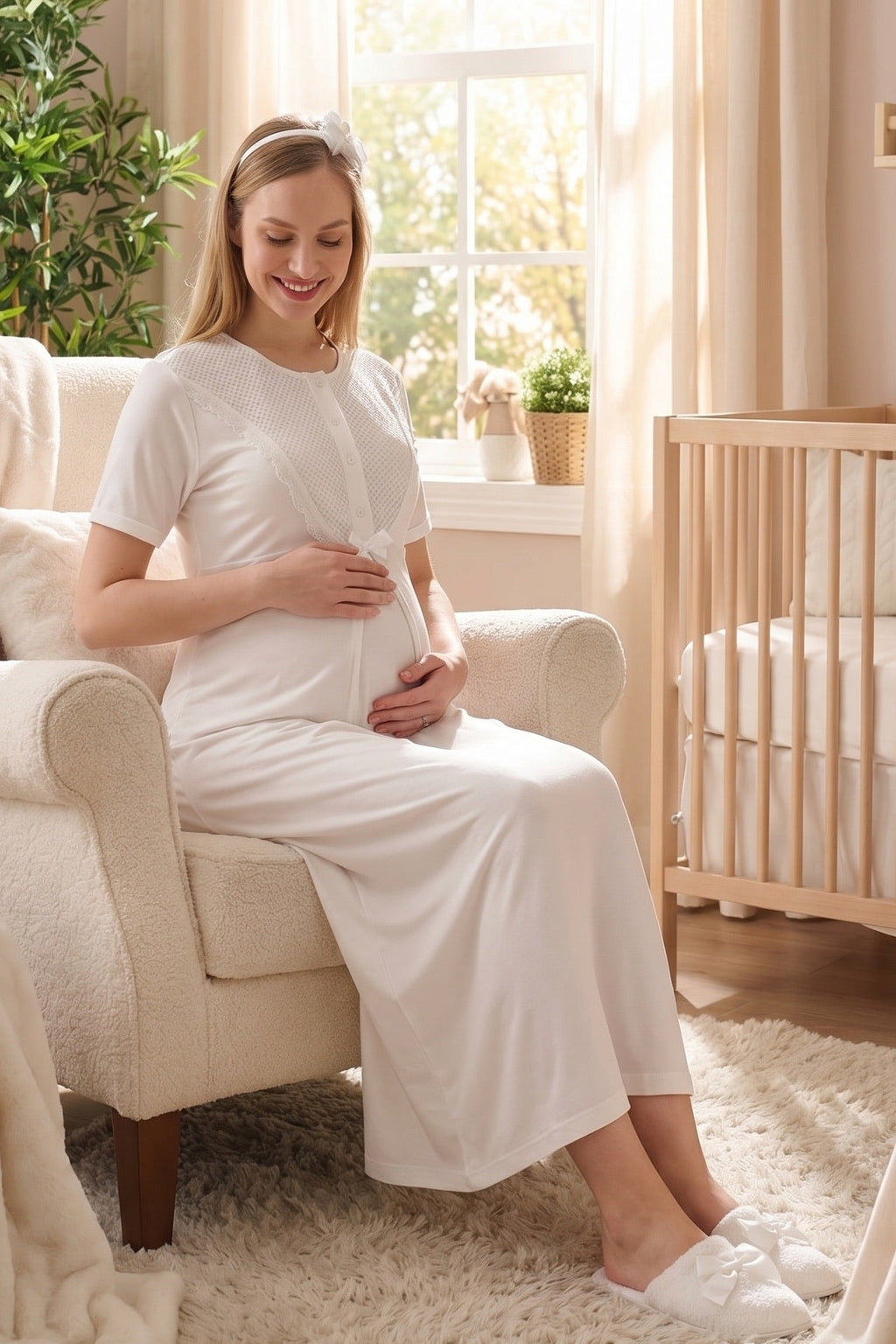 Guipure Collar Maternity Feeding-Friendly Nightgown & Patterned Robe Set Ecru - Z2329