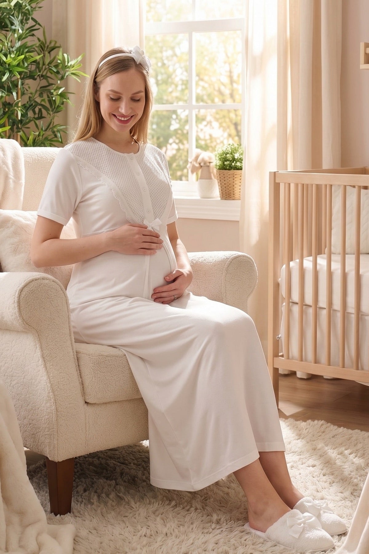 Guipure Collar Maternity Feeding-Friendly Nightgown & Patterned Robe Set Ecru - Z2329