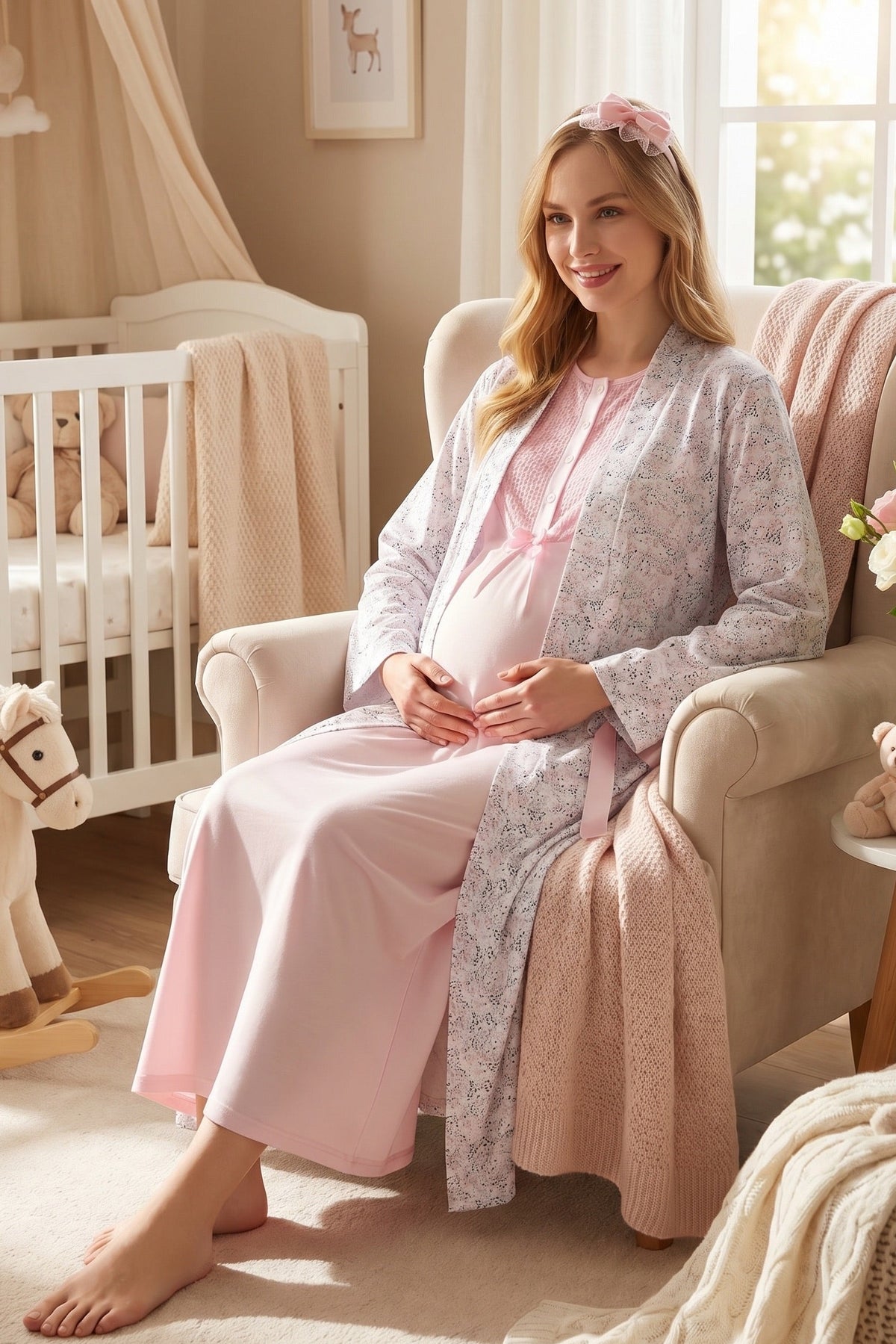 Guipure Collar Maternity Feeding-Friendly Nightgown & Patterned Robe Set Pink - Z2329