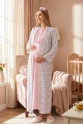 Guipure Collar Maternity Feeding-Friendly Nightgown & Patterned Robe Set Pink - Z2329