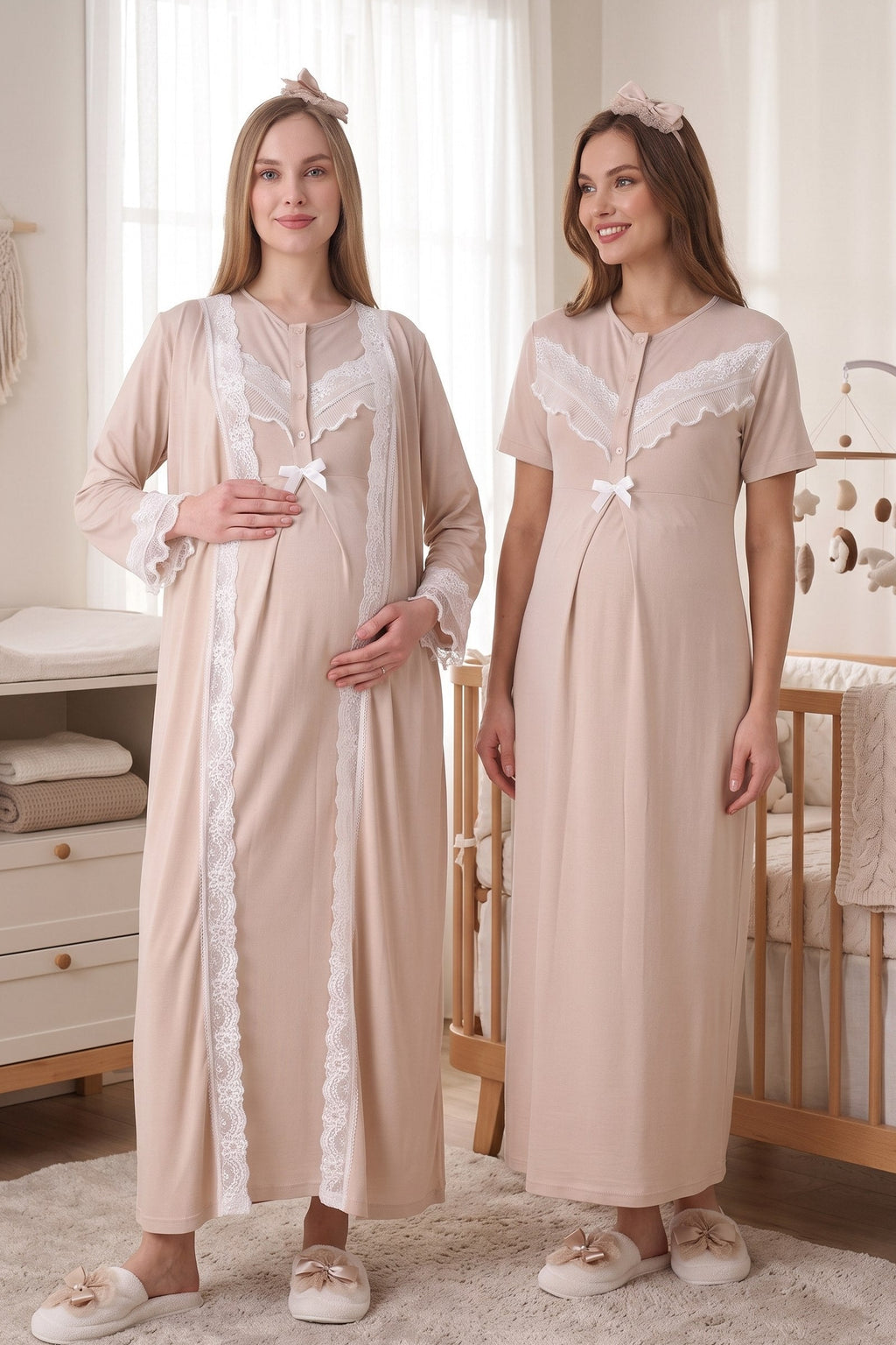 Lace Embroidered Maternity Feeding-Friendly Nightgown & Robe Set Mink - Z2330