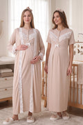 Lace Embroidered Maternity Feeding-Friendly Nightgown & Robe Set Mink - Z2330