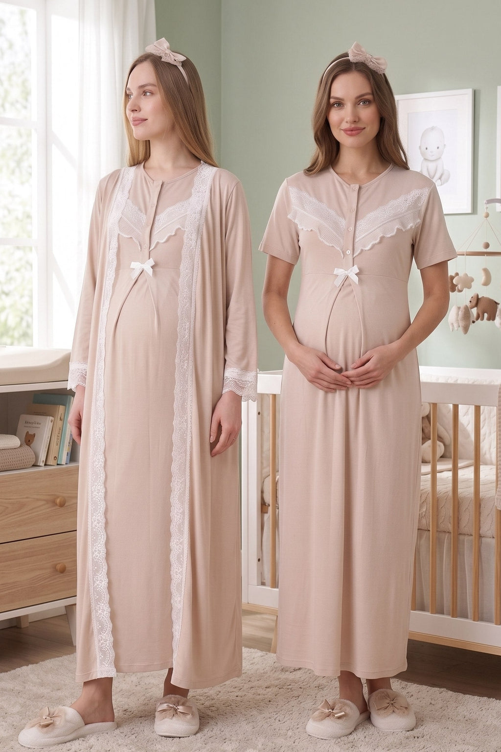 Lace Embroidered Maternity Feeding-Friendly Nightgown & Robe Set Mink - Z2330