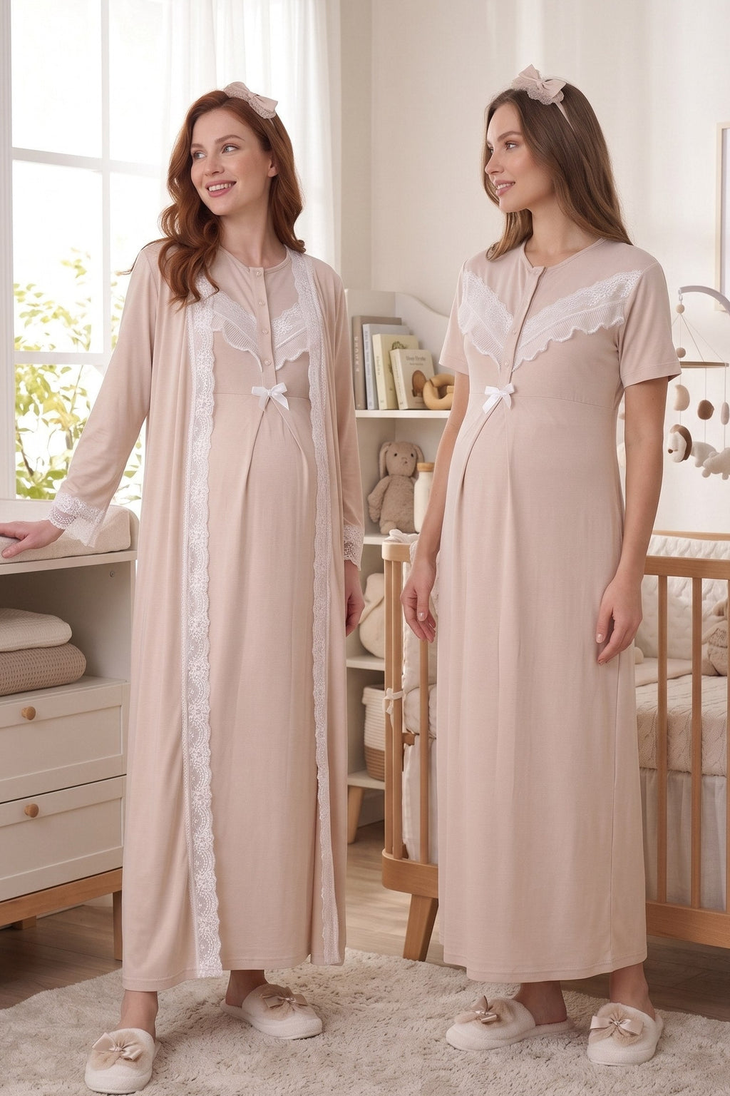 Lace Embroidered Maternity Feeding-Friendly Nightgown & Robe Set Mink - Z2330