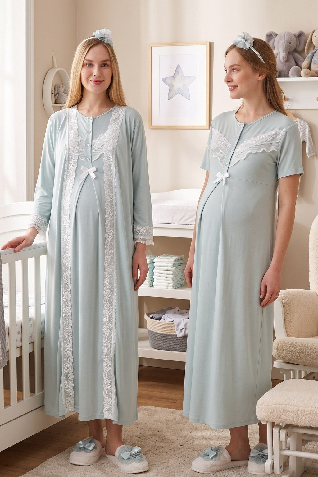 Lace Embroidered Maternity Feeding-Friendly Nightgown & Robe Set Mint - Z2330