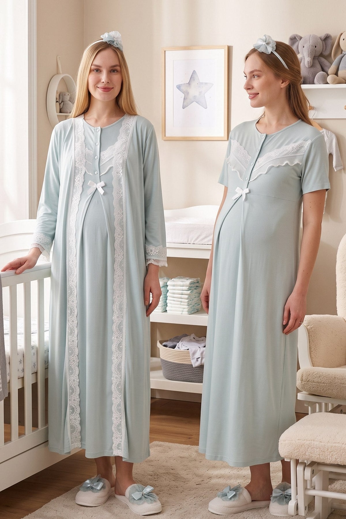 Lace Embroidered Maternity Feeding-Friendly Nightgown & Robe Set Mint - Z2330