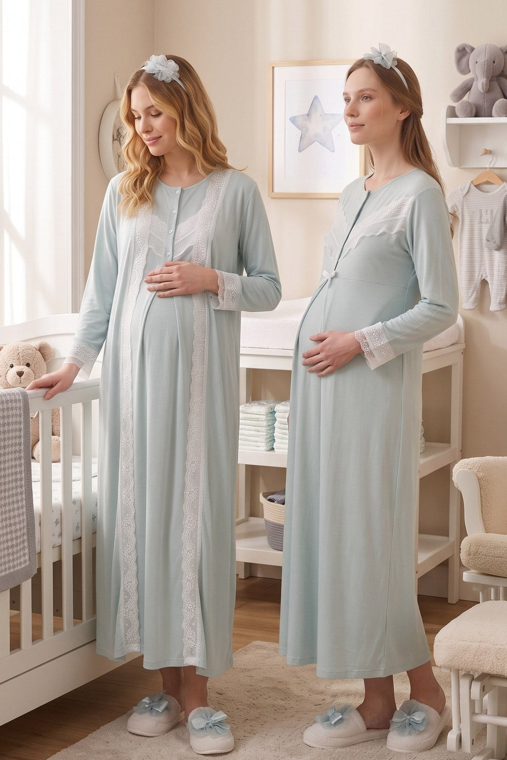 Lace Embroidered Maternity Feeding-Friendly Nightgown & Robe Set Mint - Z2330