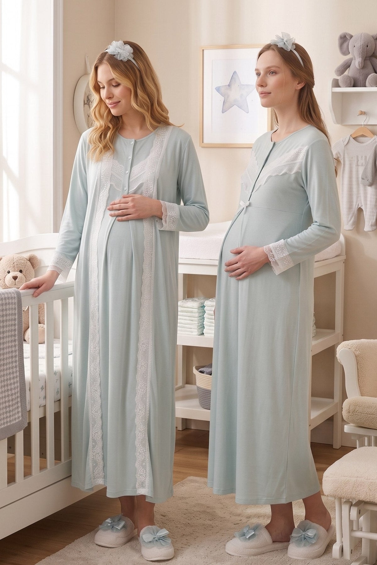 Lace Embroidered Maternity Feeding-Friendly Nightgown & Robe Set Mint - Z2330