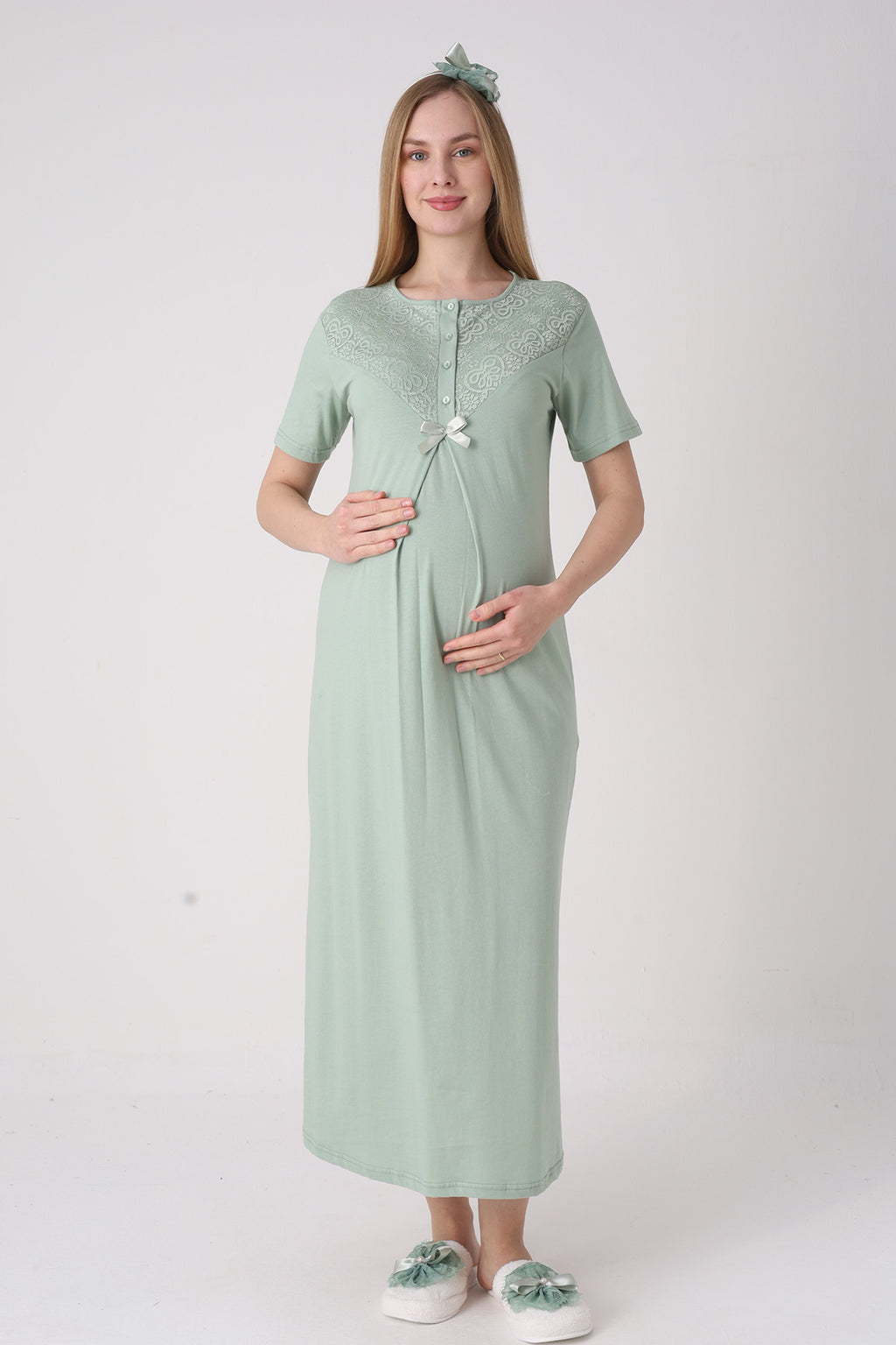Lace Collar Maternity Feeding-Friendly Nightgown & Lace Sleeve Robe Set Green - 2331