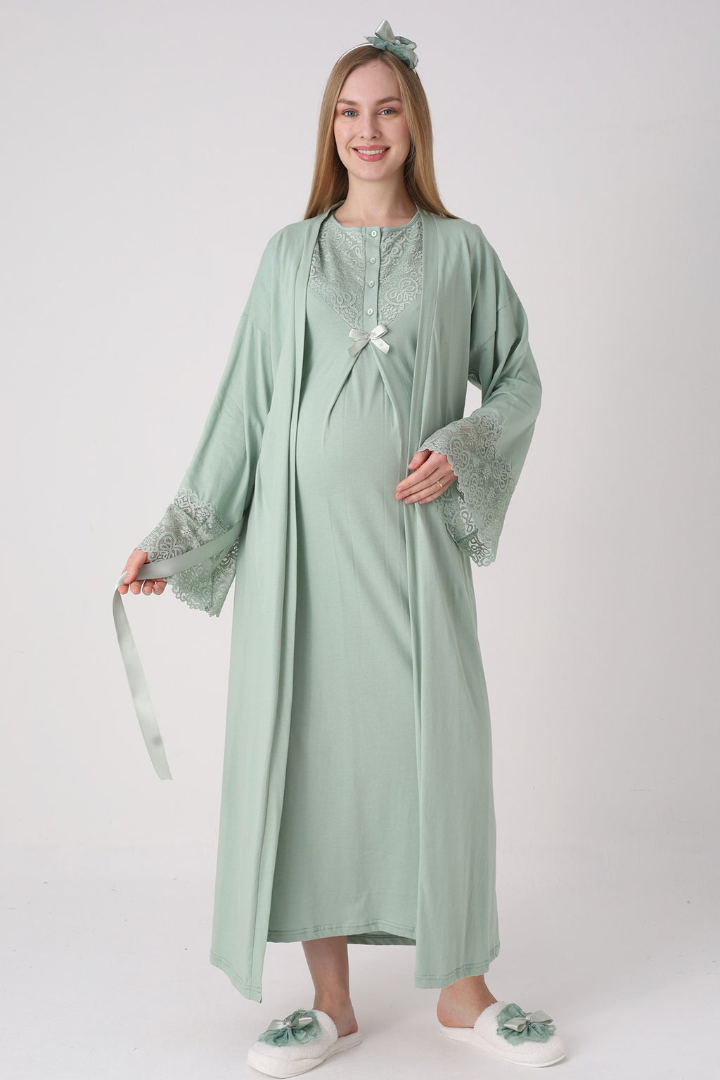 Lace Collar Maternity Feeding-Friendly Nightgown & Lace Sleeve Robe Set Green - 2331