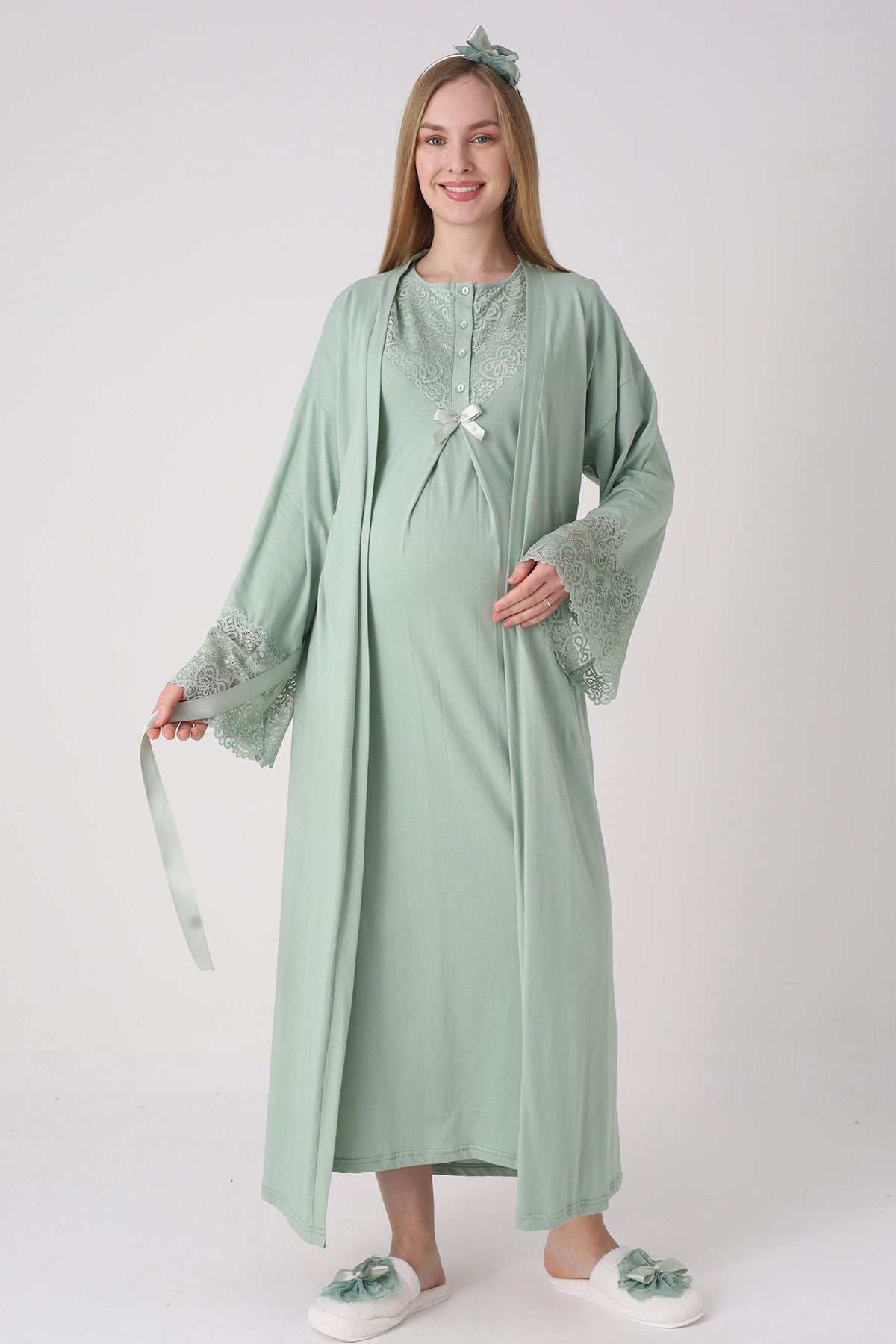 Lace Collar Maternity Feeding-Friendly Nightgown & Lace Sleeve Robe Set Green - 2331