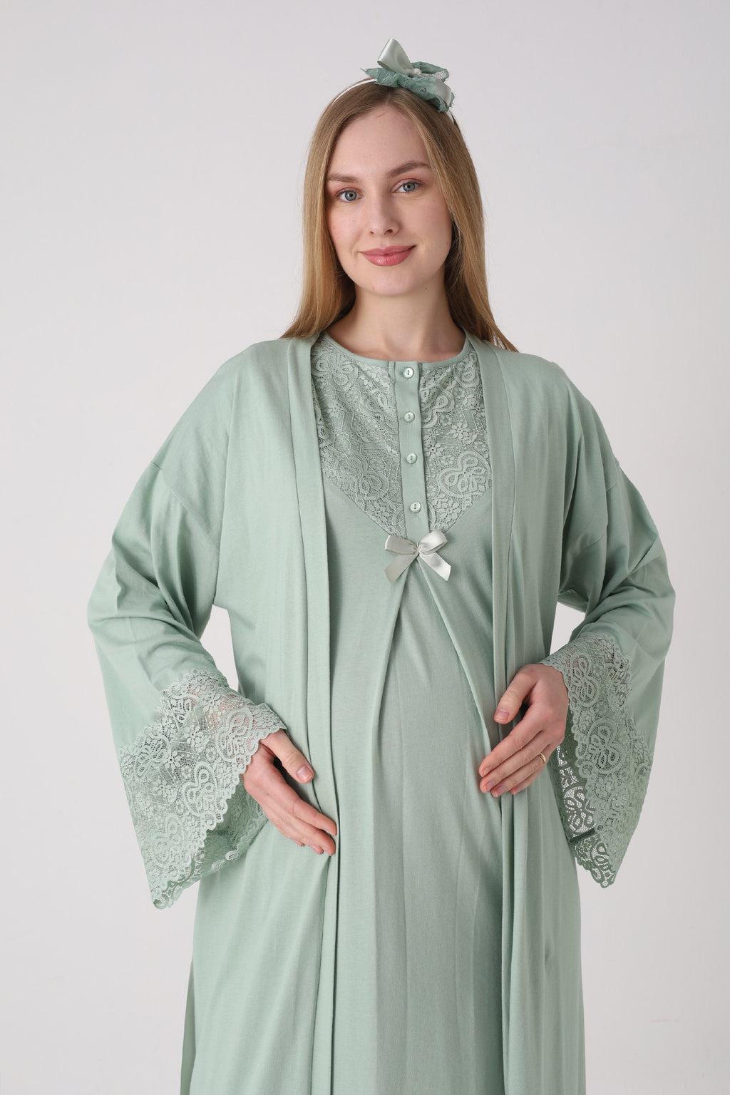 Lace Collar Maternity Feeding-Friendly Nightgown & Lace Sleeve Robe Set Green - 2331