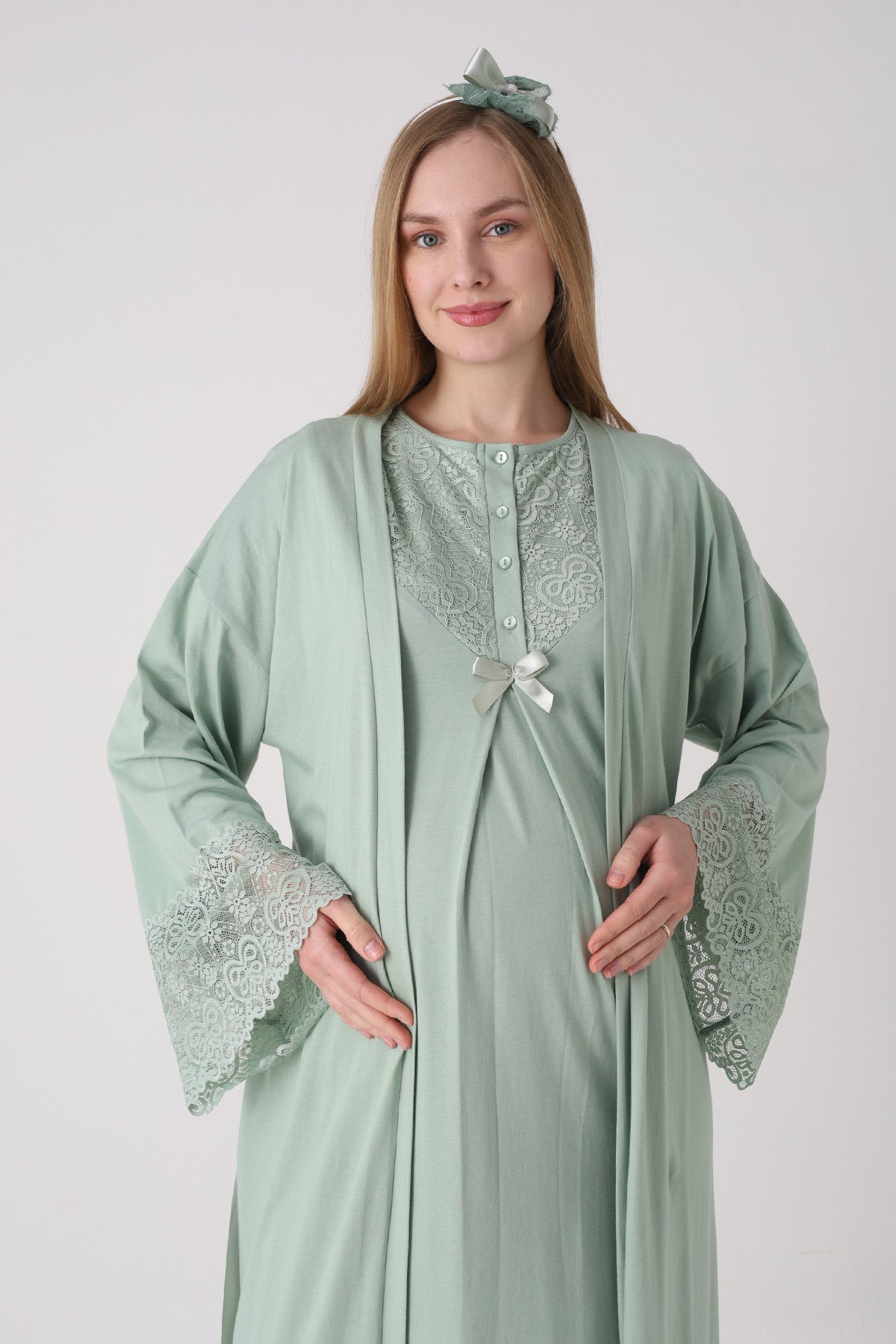 Lace Collar Maternity Feeding-Friendly Nightgown & Lace Sleeve Robe Set Green - 2331