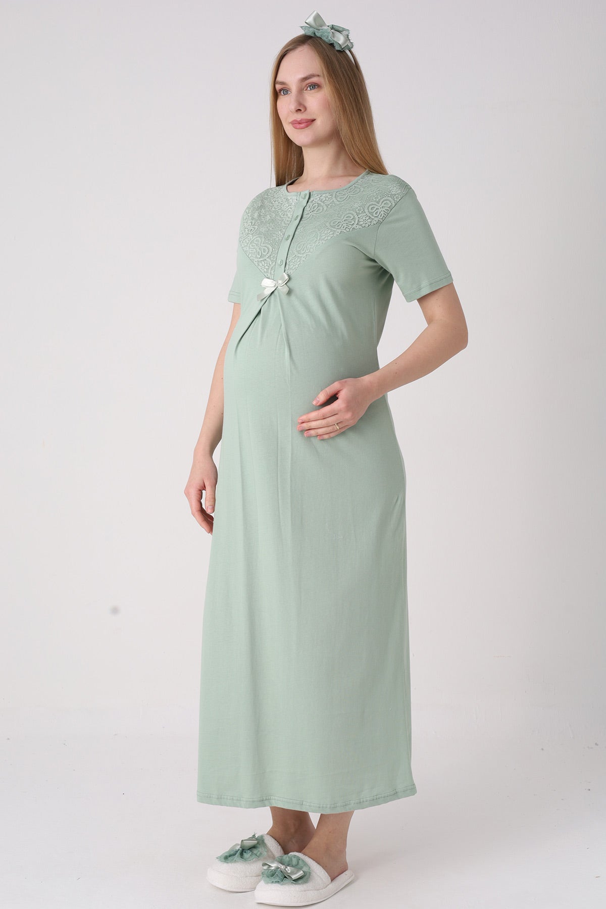 Lace Collar Maternity Feeding-Friendly Nightgown & Lace Sleeve Robe Set Green - 2331
