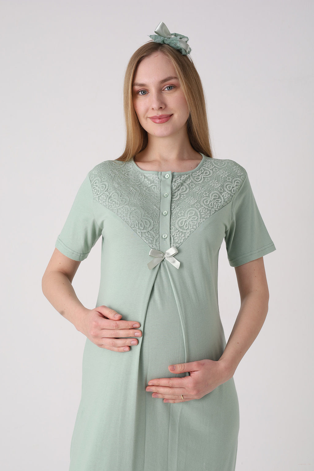 Lace Collar Maternity Feeding-Friendly Nightgown & Lace Sleeve Robe Set Green - 2331