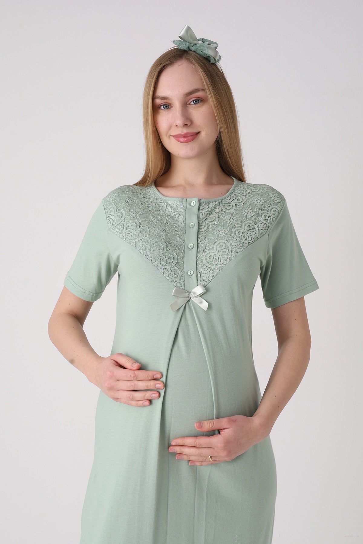 Lace Collar Maternity Feeding-Friendly Nightgown & Lace Sleeve Robe Set Green - 2331