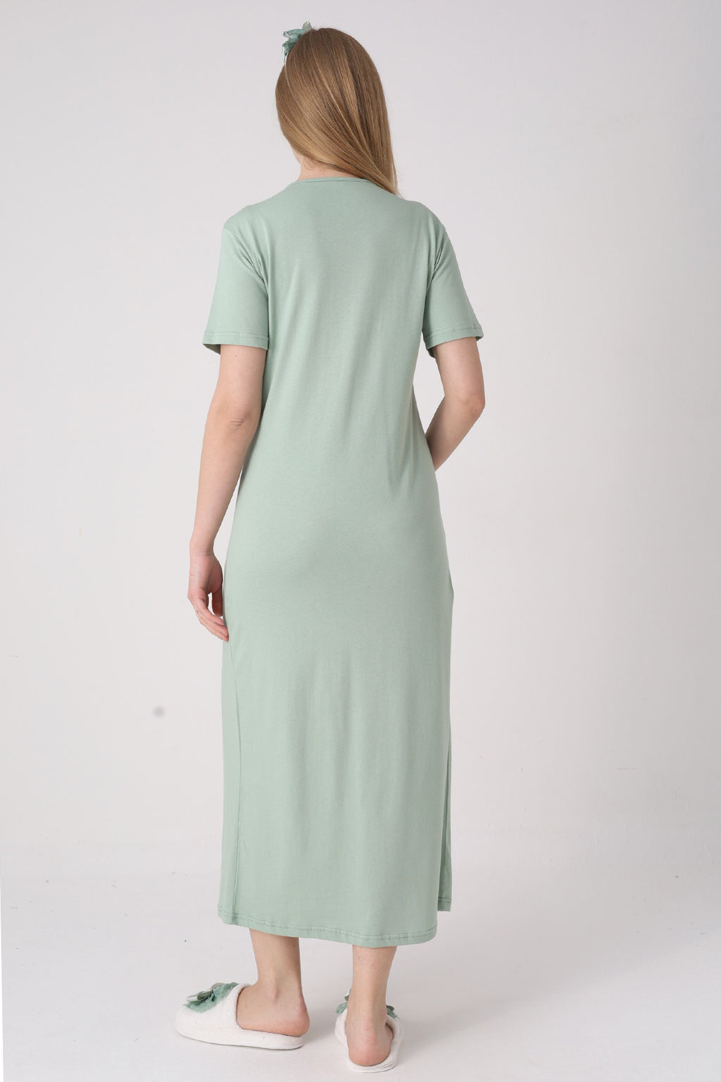 Lace Collar Maternity Feeding-Friendly Nightgown & Lace Sleeve Robe Set Green - 2331