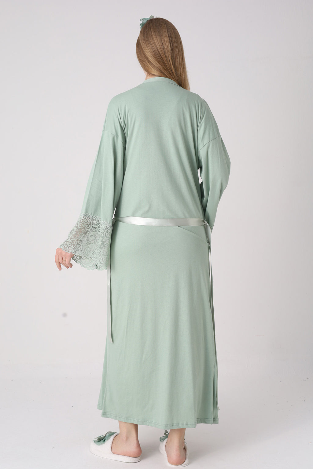Lace Collar Maternity Feeding-Friendly Nightgown & Lace Sleeve Robe Set Green - 2331