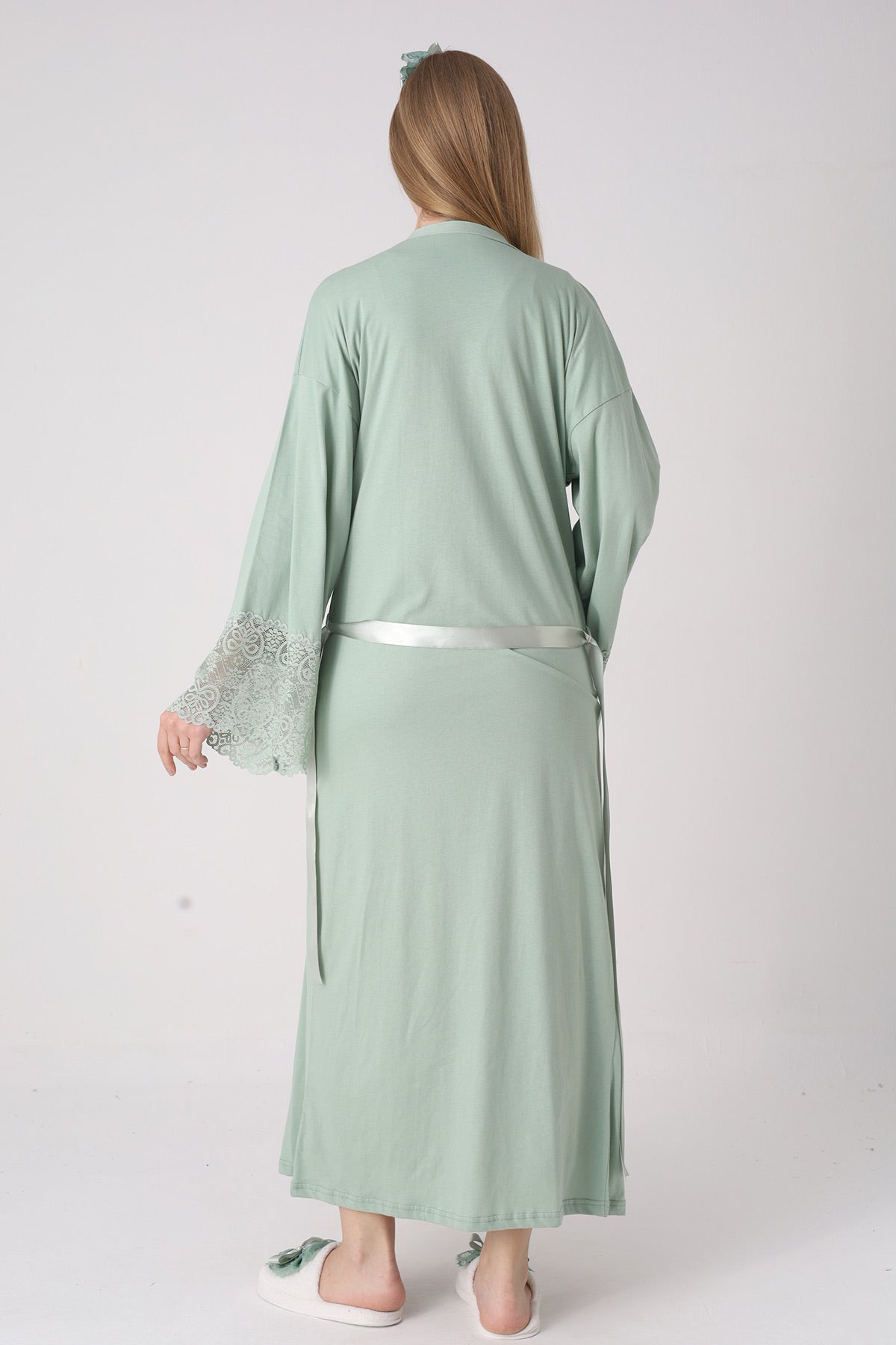 Lace Collar Maternity Feeding-Friendly Nightgown & Lace Sleeve Robe Set Green - 2331