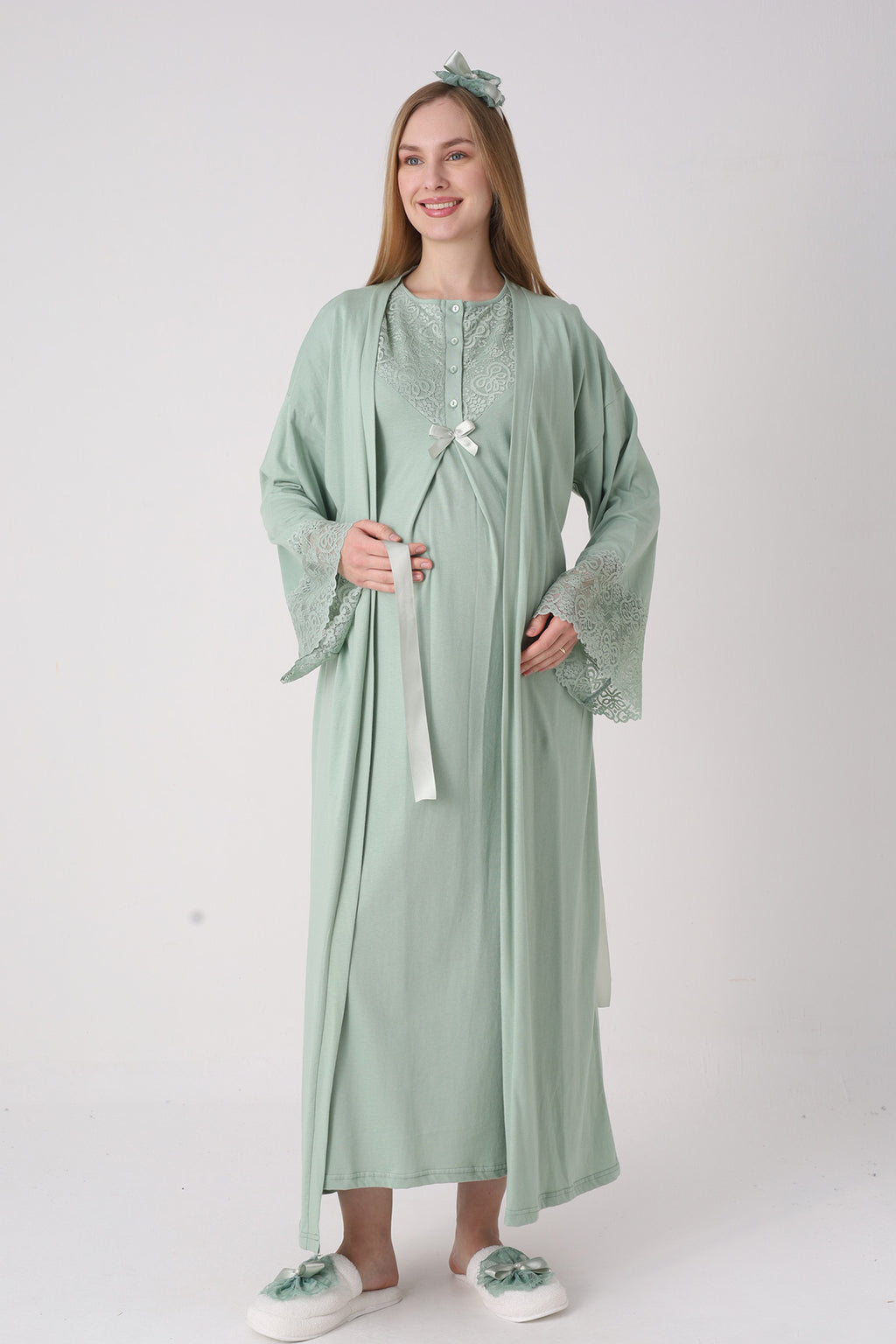 Lace Collar Maternity Feeding-Friendly Nightgown & Lace Sleeve Robe Set Green - 2331