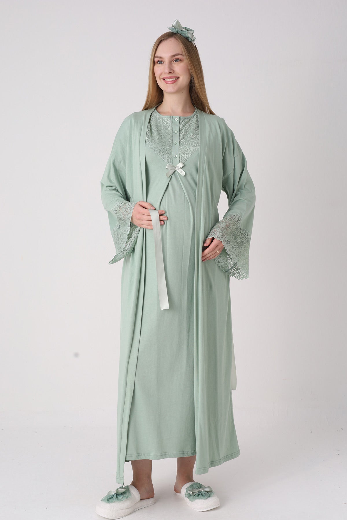 Lace Collar Maternity Feeding-Friendly Nightgown & Lace Sleeve Robe Set Green - 2331