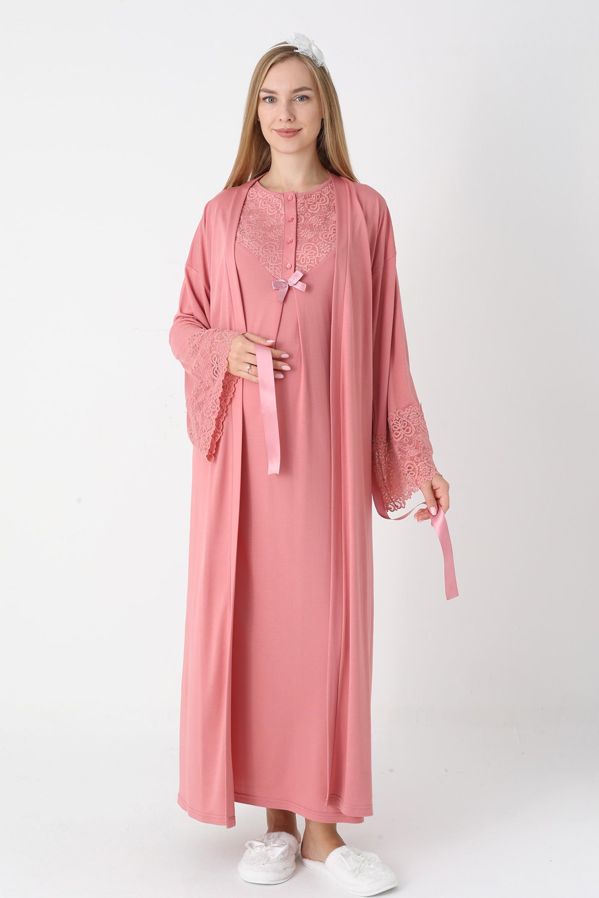 Lace Collar Maternity Feeding-Friendly Nightgown & Lace Sleeve Robe Set Pomegranate Red - 2331