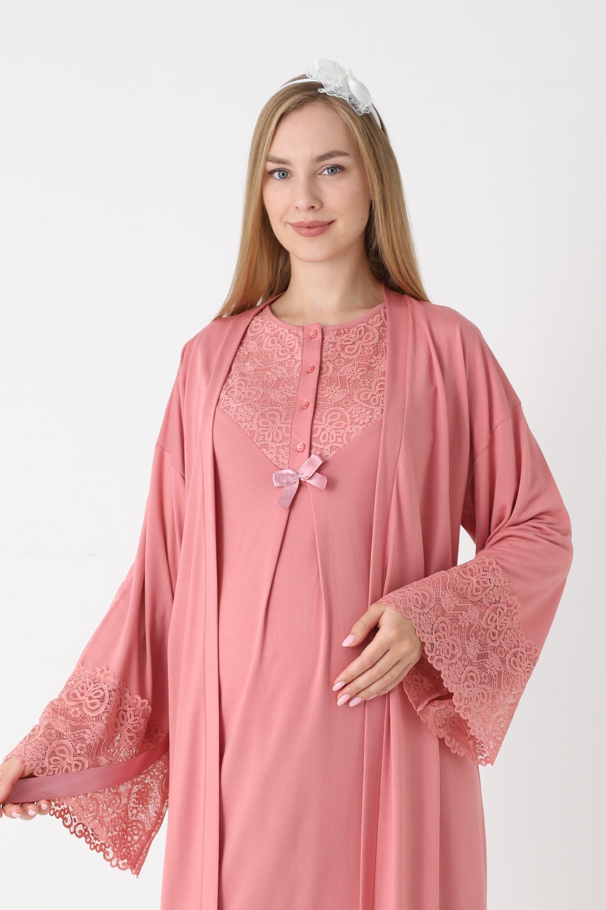 Lace Collar Maternity Feeding-Friendly Nightgown & Lace Sleeve Robe Set Pomegranate Red - 2331