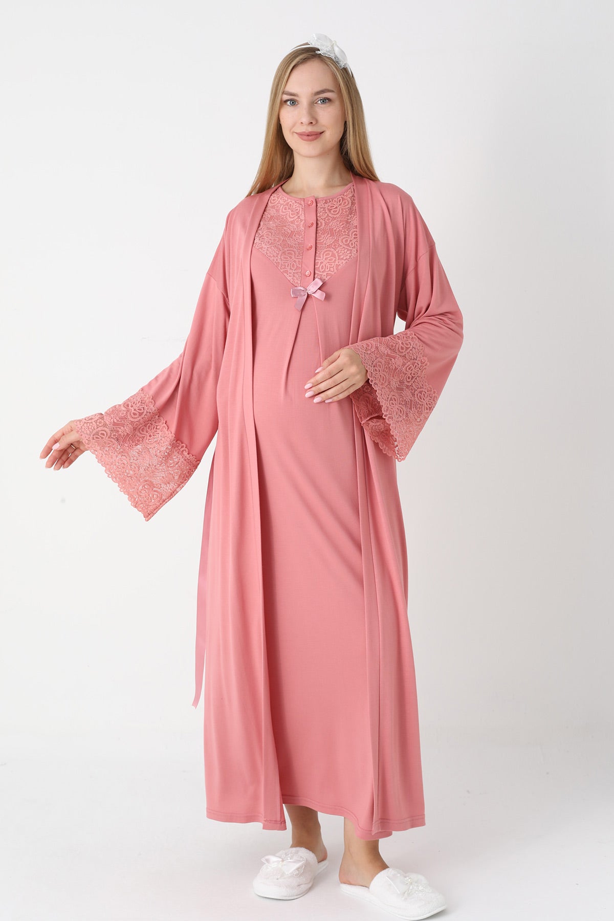 Lace Collar Maternity Feeding-Friendly Nightgown & Lace Sleeve Robe Set Pomegranate Red - 2331