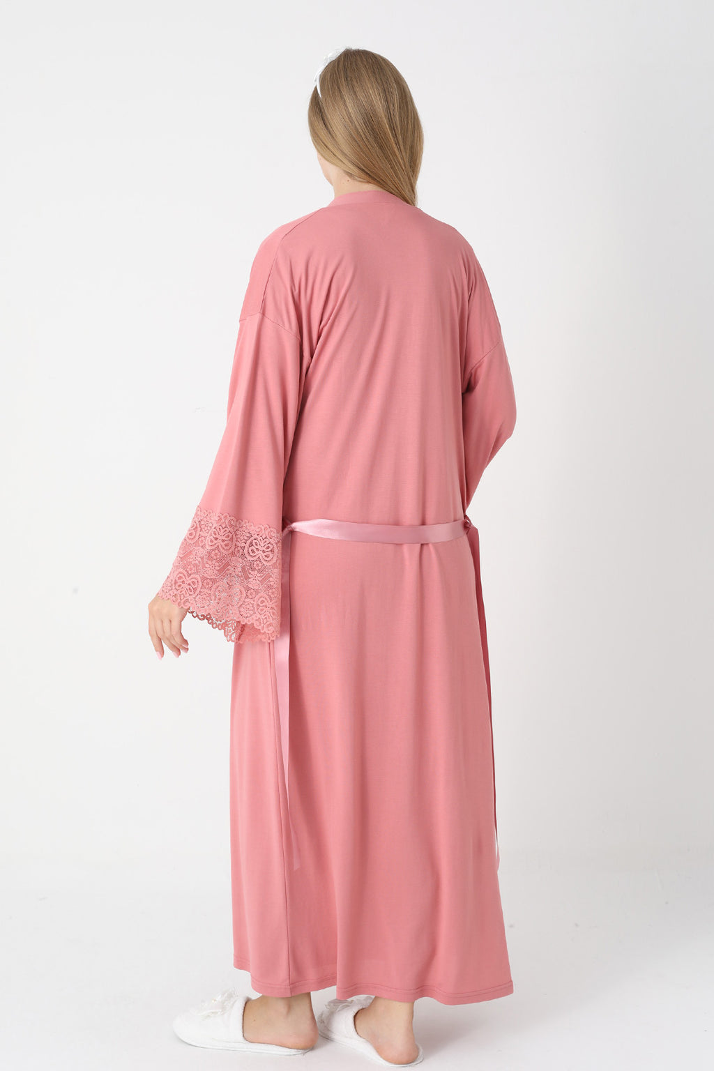 Lace Collar Maternity Feeding-Friendly Nightgown & Lace Sleeve Robe Set Pomegranate Red - 2331
