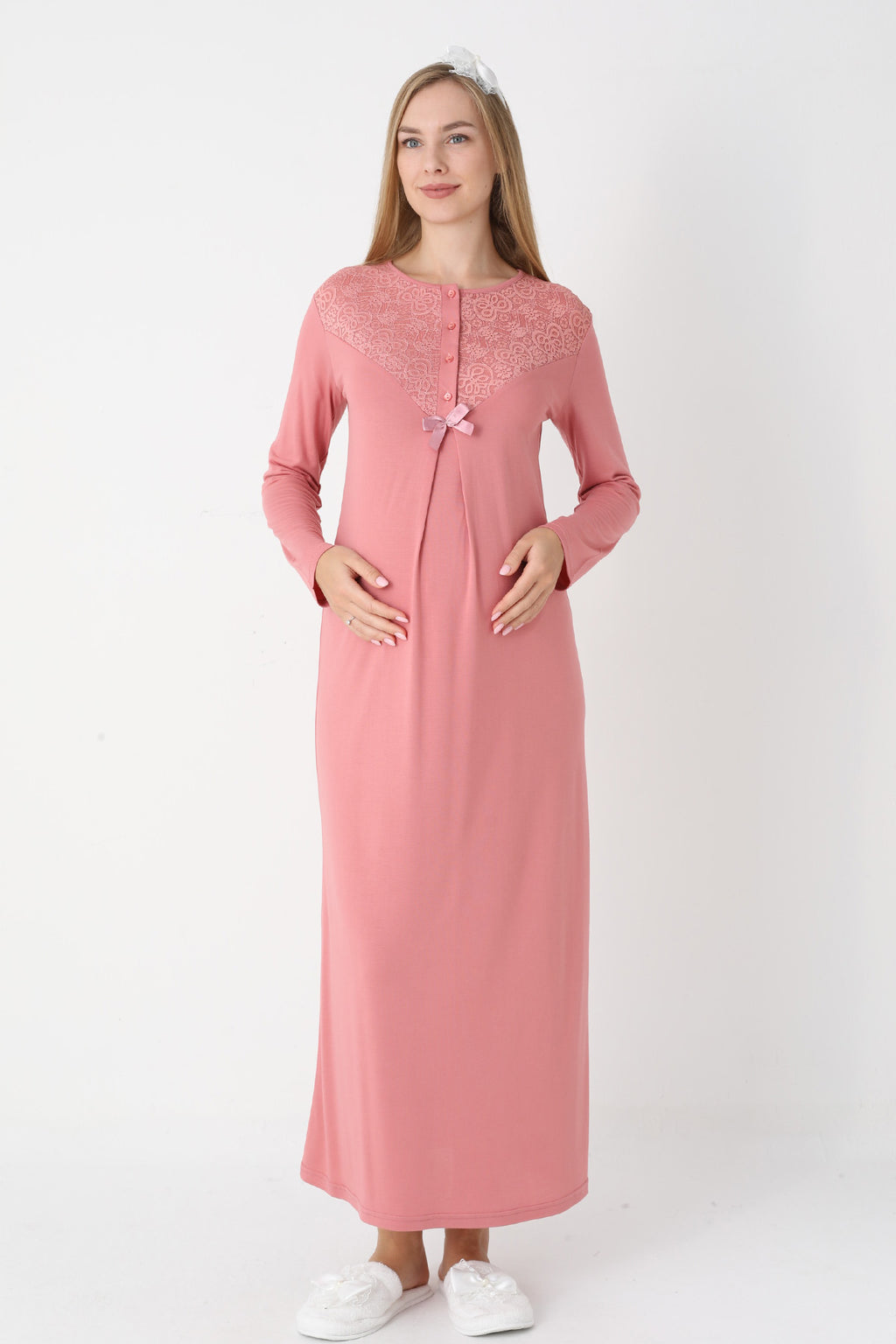 Lace Collar Maternity Feeding-Friendly Nightgown & Lace Sleeve Robe Set Pomegranate Red - 2331