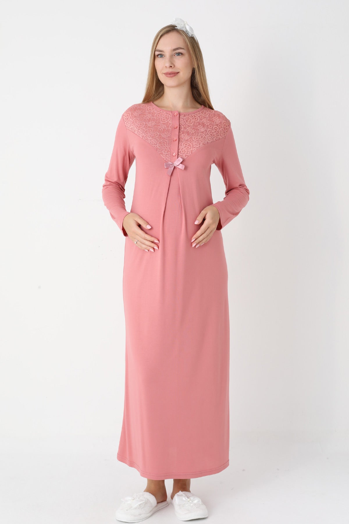 Lace Collar Maternity Feeding-Friendly Nightgown & Lace Sleeve Robe Set Pomegranate Red - 2331