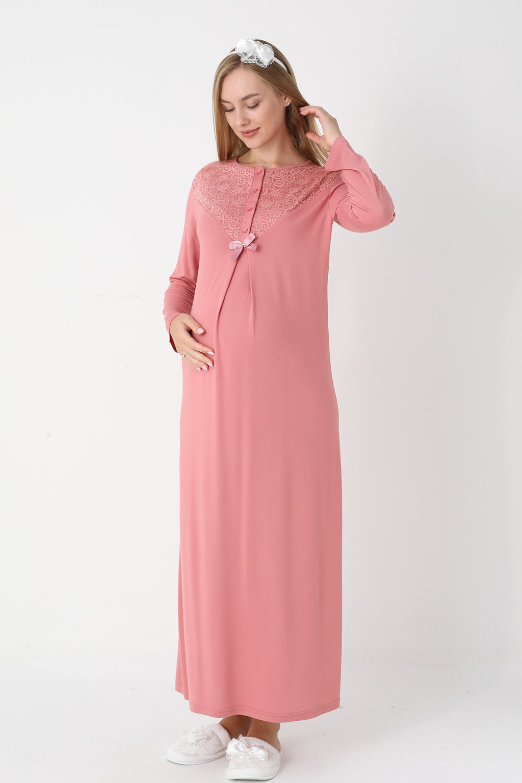 Lace Collar Maternity Feeding-Friendly Nightgown & Lace Sleeve Robe Set Pomegranate Red - 2331