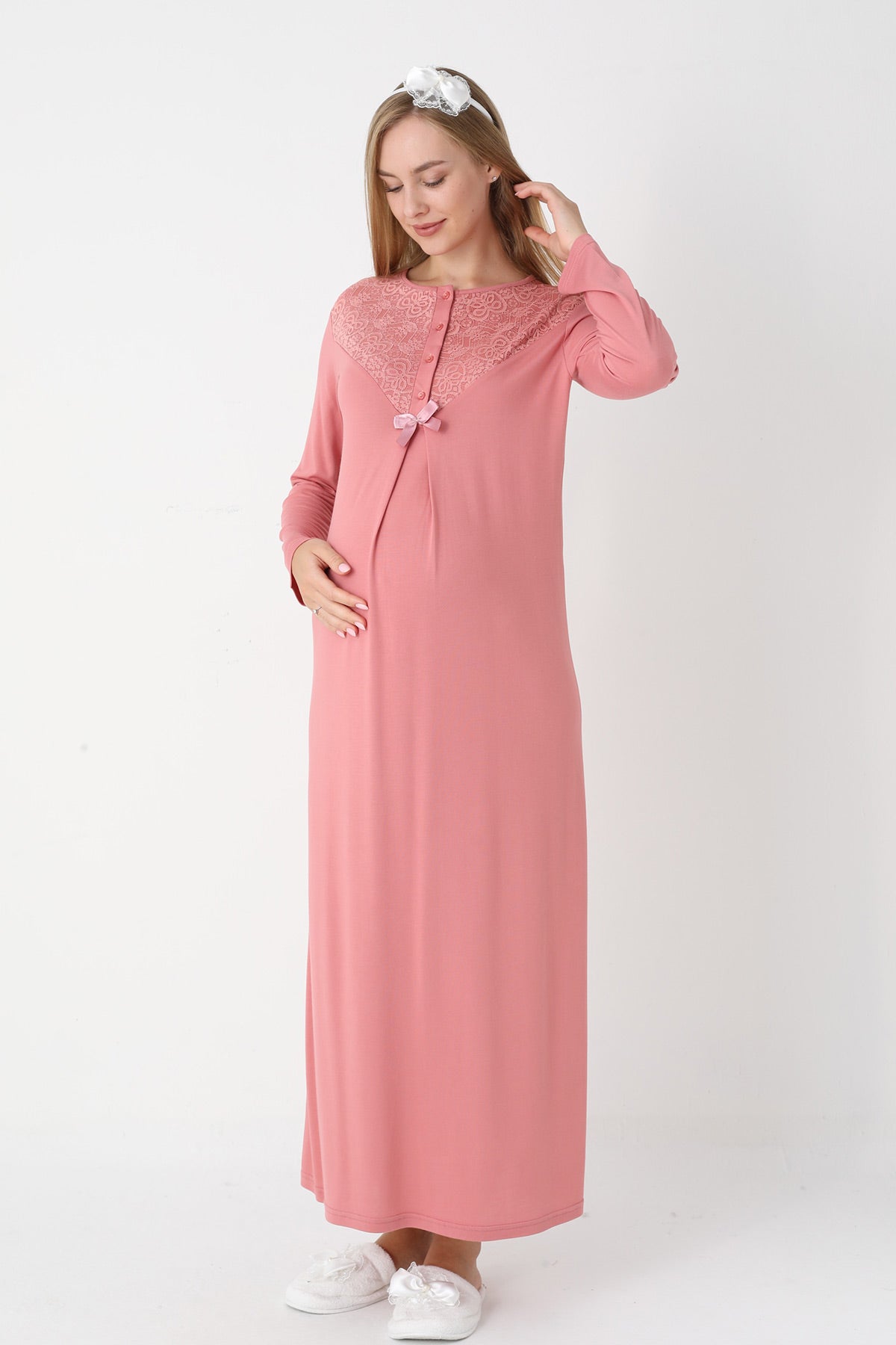 Lace Collar Maternity Feeding-Friendly Nightgown & Lace Sleeve Robe Set Pomegranate Red - 2331