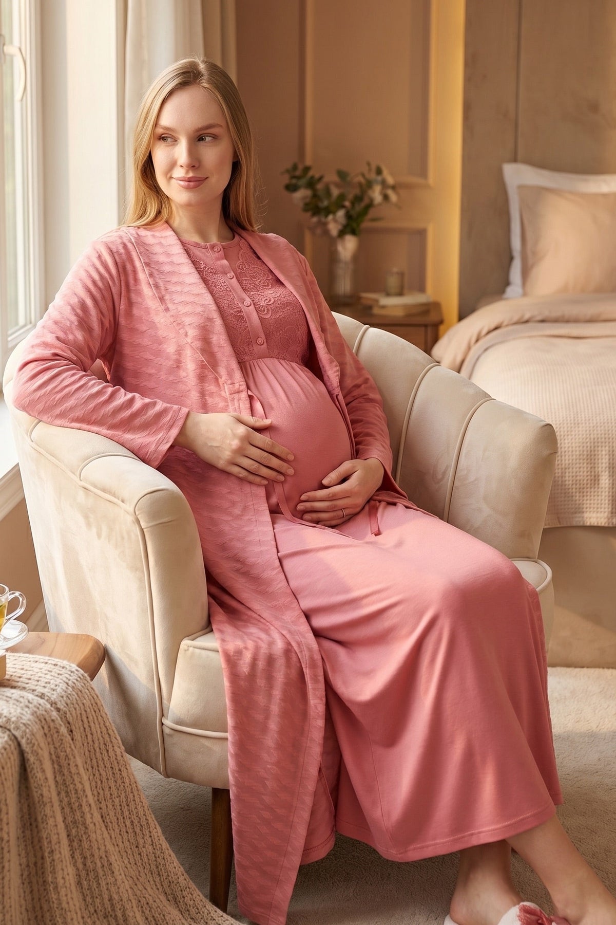 Delicate Lace Collar Maternity Feeding-Friendly Nightgown & Jacquard Robe Set Pomegranate Red - Z2332