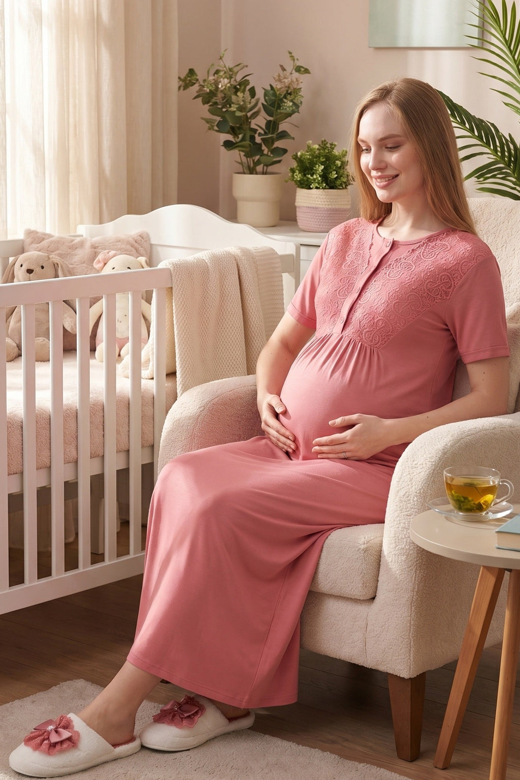 Delicate Lace Collar Maternity Feeding-Friendly Nightgown & Jacquard Robe Set Pomegranate Red - Z2332