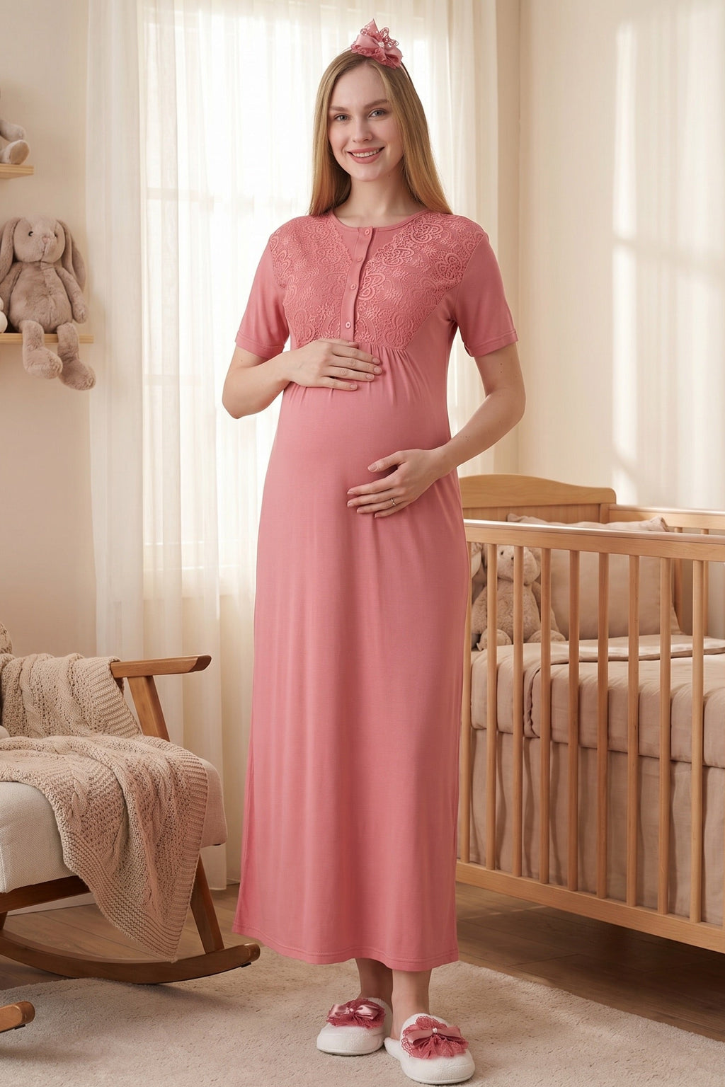 Delicate Lace Collar Maternity Feeding-Friendly Nightgown & Jacquard Robe Set Pomegranate Red - Z2332