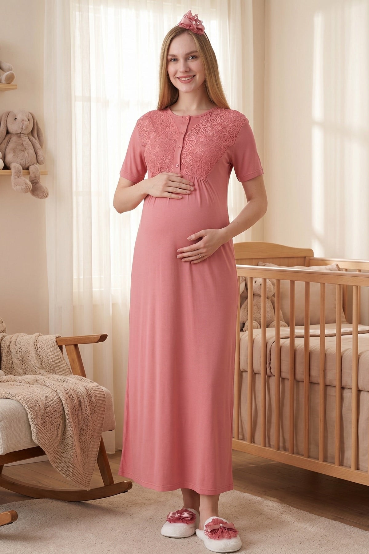Delicate Lace Collar Maternity Feeding-Friendly Nightgown & Jacquard Robe Set Pomegranate Red - Z2332