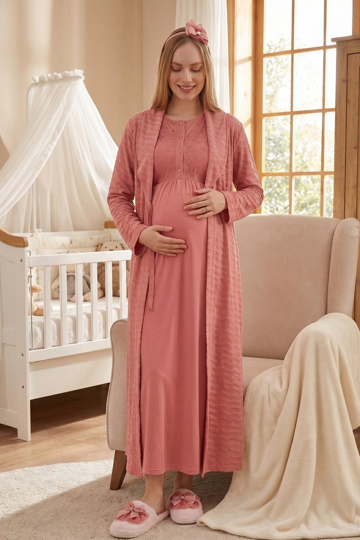Delicate Lace Collar Maternity Feeding-Friendly Nightgown & Jacquard Robe Set Pomegranate Red - Z2332