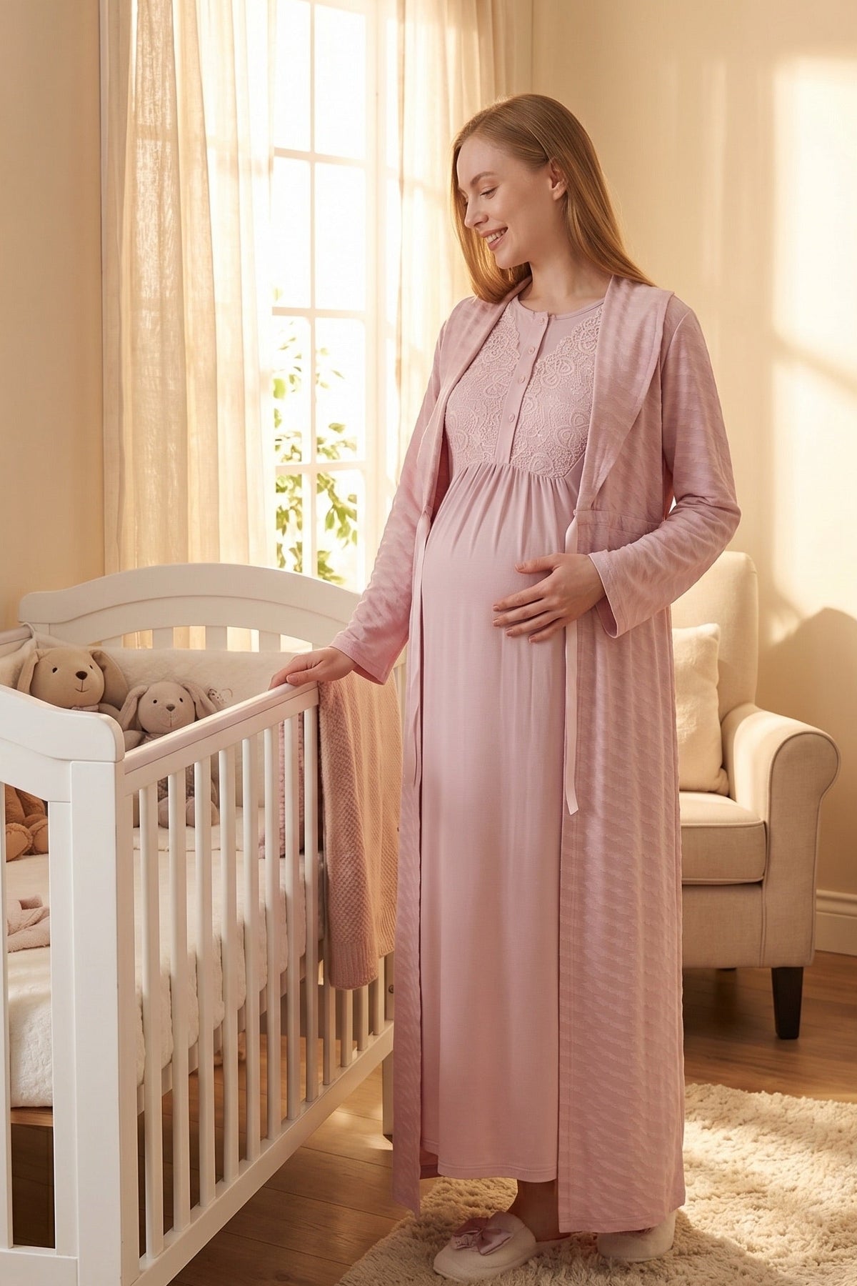 Delicate Lace Collar Maternity Feeding-Friendly Nightgown & Jacquard Robe Set Powder - Z2332
