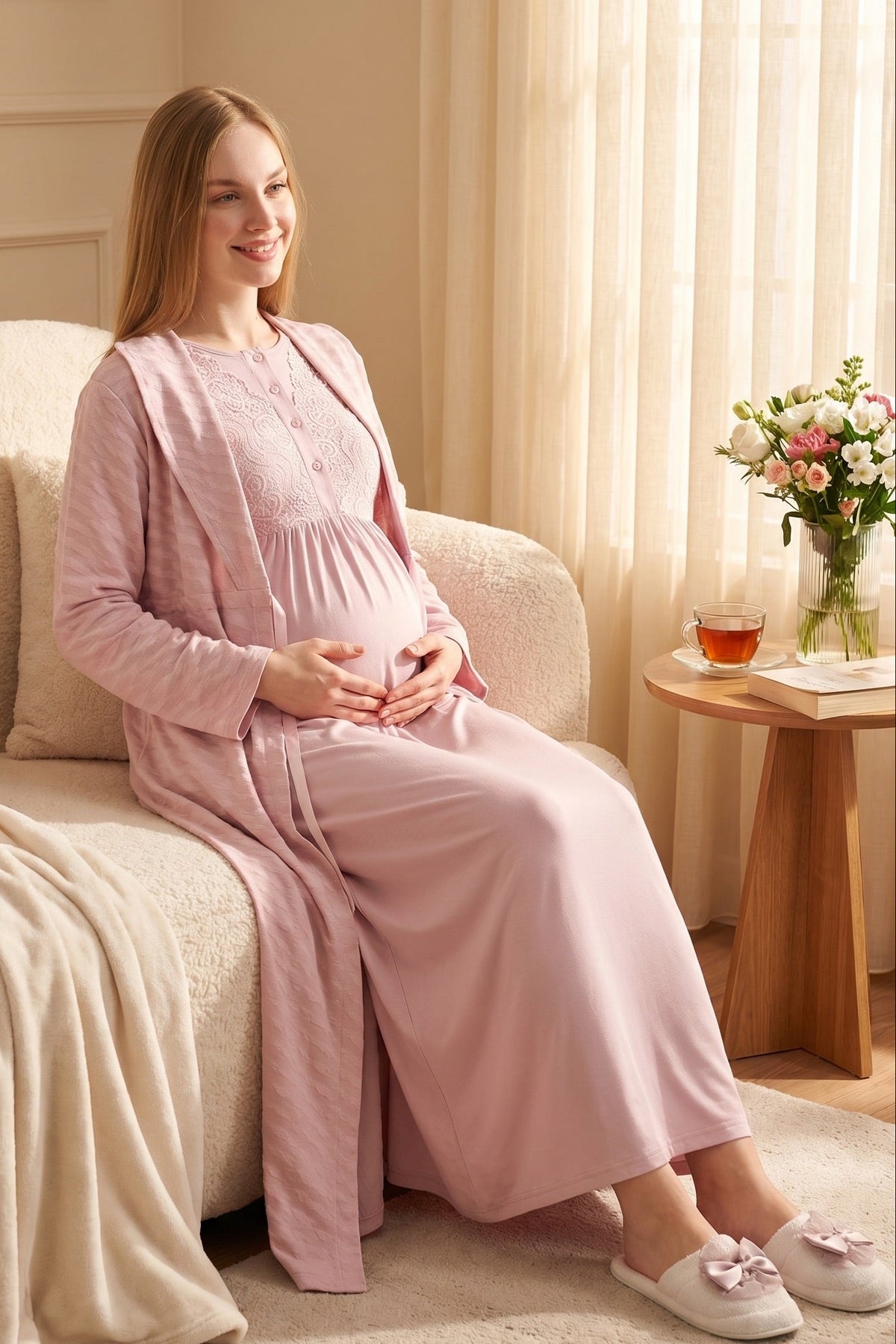 Delicate Lace Collar Maternity Feeding-Friendly Nightgown & Jacquard Robe Set Powder - Z2332