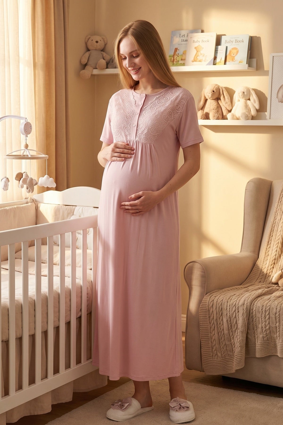 Delicate Lace Collar Maternity Feeding-Friendly Nightgown & Jacquard Robe Set Powder - Z2332
