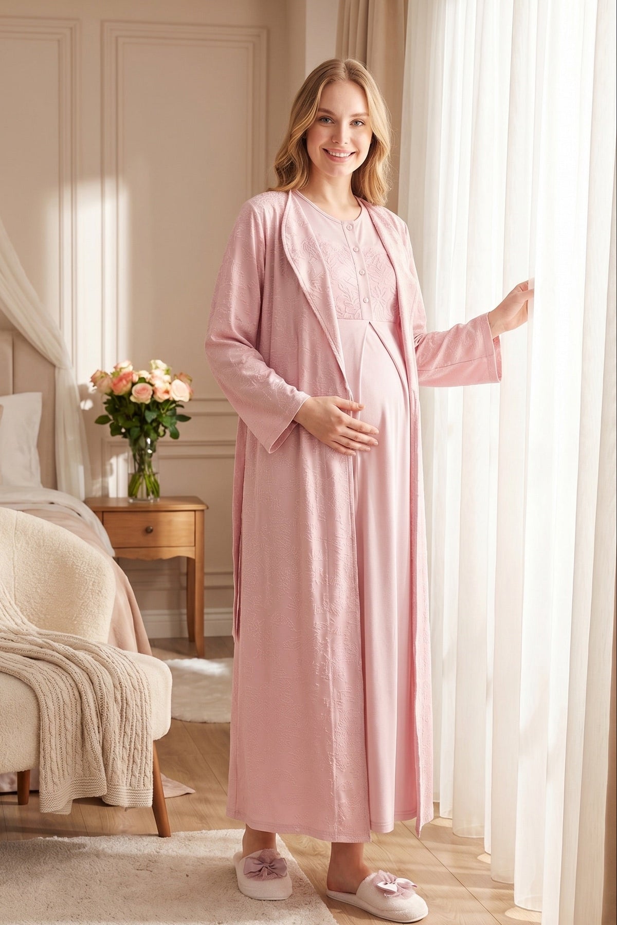 Classy Lace Collar Maternity Feeding-Friendly Nightgown & Jacquard Robe Set Powder - Z2333