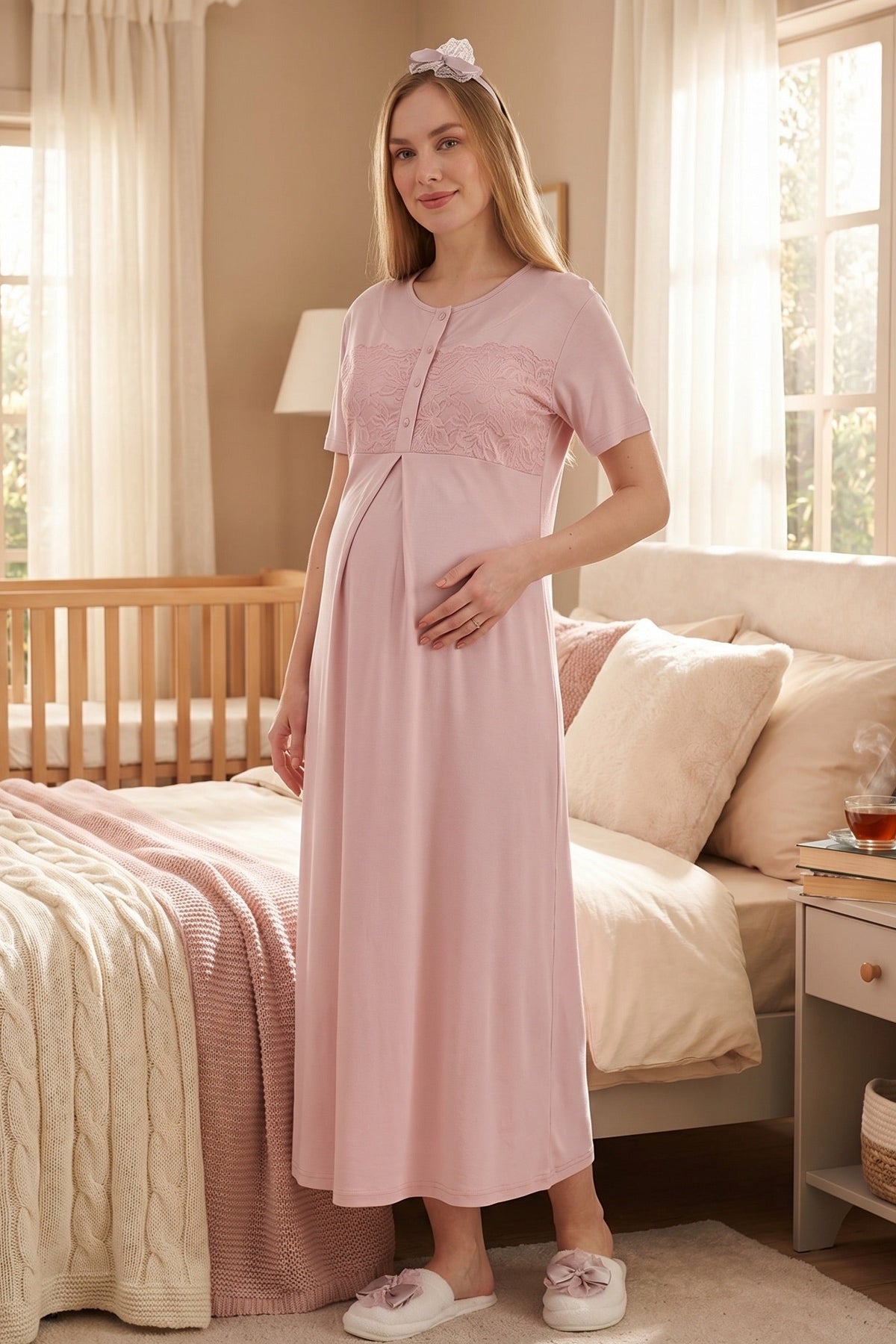 Classy Lace Collar Maternity Feeding-Friendly Nightgown & Jacquard Robe Set Powder - Z2333