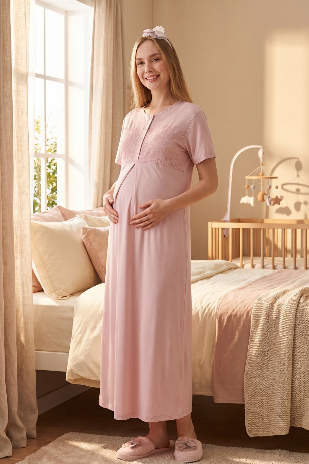 Classy Lace Collar Maternity Feeding-Friendly Nightgown & Jacquard Robe Set Powder - Z2333