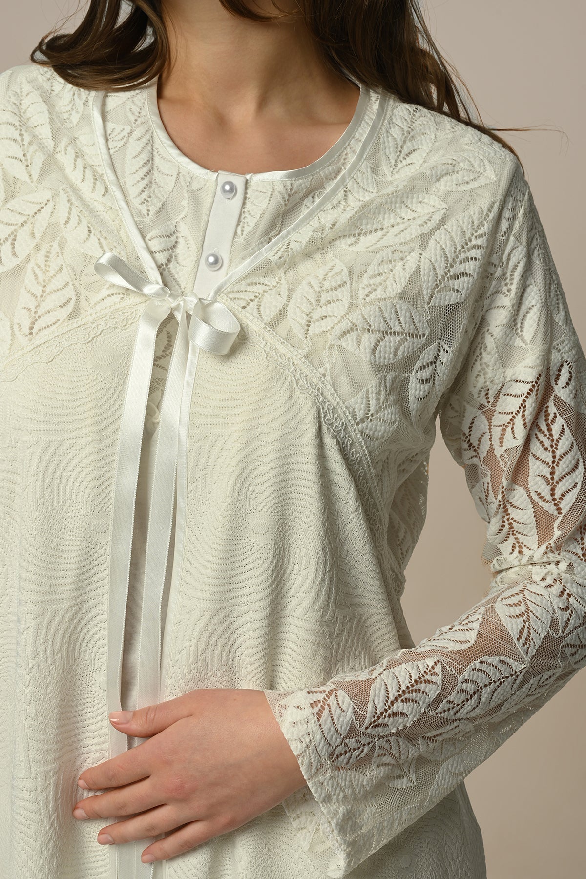 Leaf Lace 3-Piece Maternity Feeding-Friendly Pajama & Jacquard Robe Set - N23332
